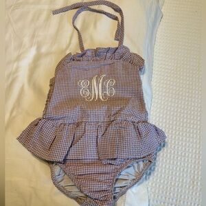 Purple seersucker one piece swimsuit with white monogram eMc